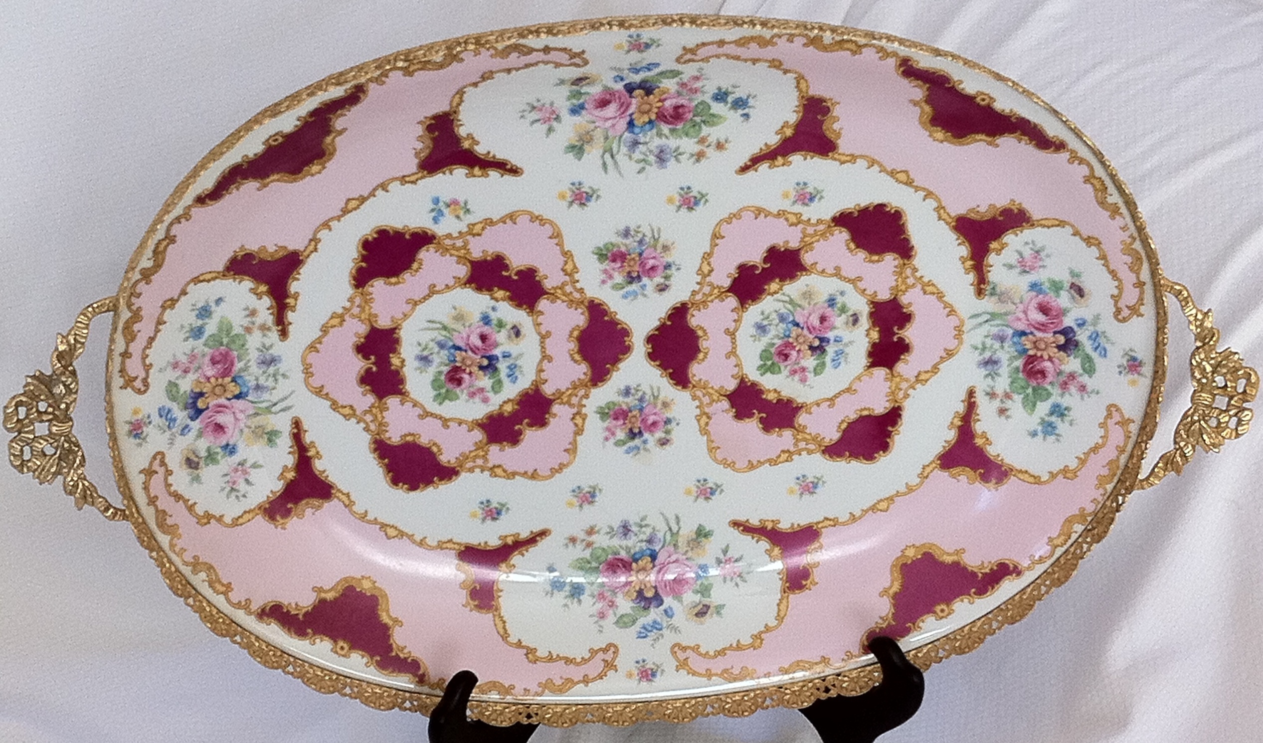 Large Limoges Serving Platter with Gold Handles and Gold Leaded